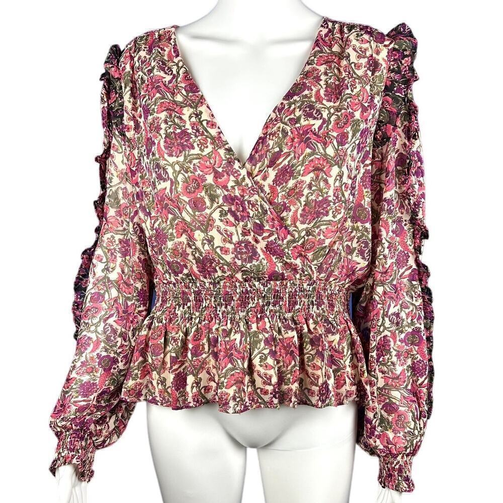 Express Metallic Floral Smocked Blouse M Boho Ruffle NWT